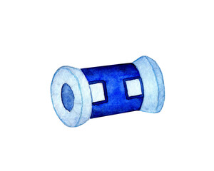 Watercolor illustration of a blue knitting tool. Row counter. Device for storing, counting rows and stitches. Knitting, needlework, tools. Isolated on white background. Drawn by hand.