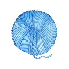 Watercolor illustration of a skein of blue yarn. Wool coiled into a ball. Smoothly wound threads. Knitting, needlework, creativity, tangle. Isolated on white background. Drawn by hand.