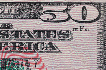 Closeup 50 dollar banknote. Fifty USD background. United States dollar bills.