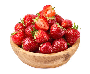 Wooden bowl of Fresh strawberry isolated on white background