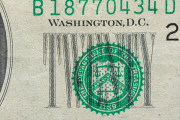 Twenty dollar banknote. USA money, USD currency. Closeup of cash banknotes. Federal Reserve USA