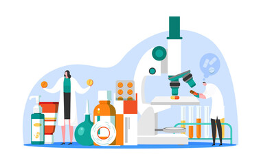 Medicine research concept, vector illustration. Medical laboratory make pharmaceutical test by chemistry science. Man woman doctor