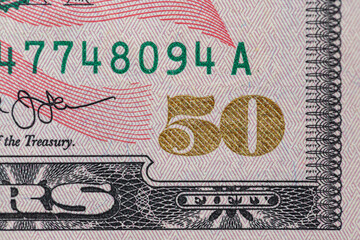 Closeup 50 dollar banknote. Fifty USD background. United States dollar bills.