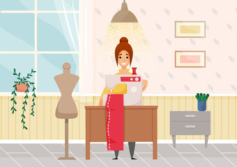 Beautiful young fashion designer dressmaker woman using sewing machine to sew red dress in atelier