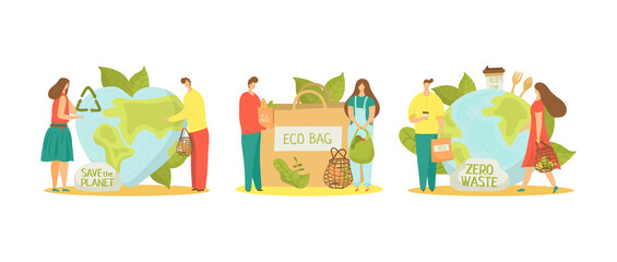 Save planet environment by zero waste, eco bag set concept, vector illustration. People character care about earth ecology. Recycle waste