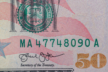 Closeup 50 dollar banknote. Fifty USD background. United States dollar bills.