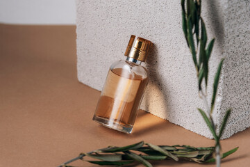 Bottle of perfume on natural stone background, olive branches decoration. Beauty cosmetics, skin care. Selective focus