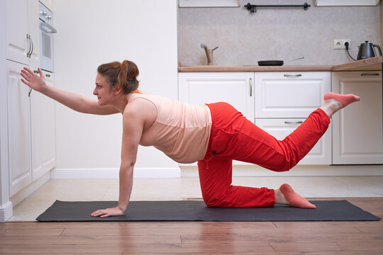 Pregnant Woman Does Yoga At Home And Does Exercises In The Bird Dog Pose