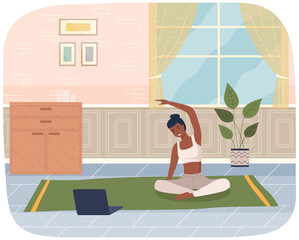 Woman doing yoga exercise. Young dark skinned fit girl sitting in lotus position, doing stretching