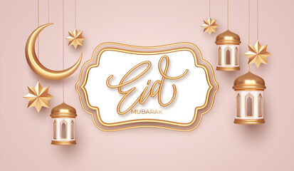 Eid Mubarak 3d realistic symbols of arab islamic holidays. Crescent moon, stars, lanterns. Vector illustration