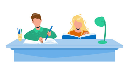 Pupils Doing Homework Together At Table Vector. Boy And Girl Doing Homework At Desk. Characters Reading Book And Writing Home Work Togetherness, Education Time Flat Cartoon Illustration