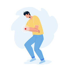 Elbow Pain Rheumatism Feeling Sad Young Man Vector. Elbow Pain Or Cramp Suffering Boy, Medical Health Problem. Character With Hand Trauma Or Muscular Inflammation Flat Cartoon Illustration