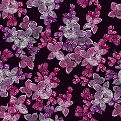 Obraz na płótnie Canvas Embroidery blossoming pink lilac flowers seamless pattern. Fashion template for clothes, textiles and t-shirt design. Spring garden, floral art