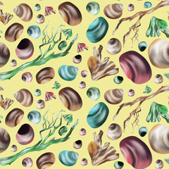 Seamless pattern with multi-colored seashells and branches on a yellow background.