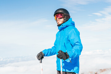 Fototapeta na wymiar Ski. Skier. Skier walking on the snowy mountain. Skier walking in the snow. Snowy mountain.High mountain, Extreme sports. Sierra Nevada