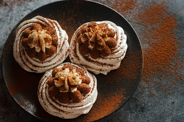 Chocolate cream cakes. Delicious cakes on the table