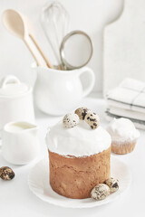 Easter sweet homemade cupcake and quail eggs. Greeting card. Festive food. Table with treats. Homemade cakes and desserts