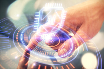 Multi exposure of man's hand holding and using a digital device and data theme drawing. Innovation concept.