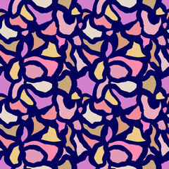 Seamless hand-drawn bright geometric patterns with jagged edges on a dark blue background. Colorful brush strokes, blots. For sportswear, textiles, kid's fabrics and accessories, home decor, printing