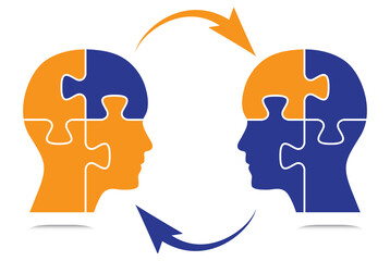 Puzzle shaped human heads with arrows. Communication concept design to use in business, partnership, communication, teamwork and decision projects. Vector version available in my portfolio.