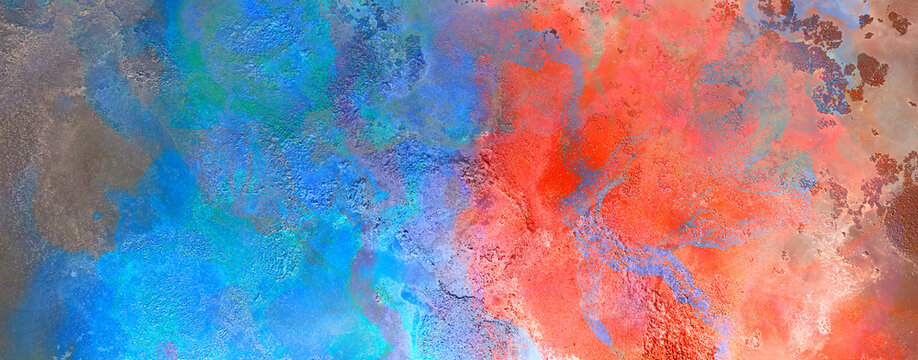 art photography of abstract fluid art painting with alcohol ink, blue, red and orange colors