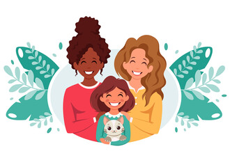 Lesbian family with daughter and cat. LGBT family. Vector illustration.