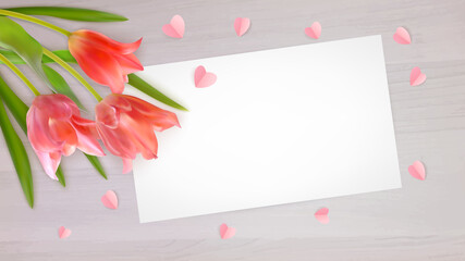 Composition of realistic tulips and paper hearts on wood background. Bouquet of pink tulips buds with paper card. Template for invitation card, banner, poster with spring flowers. Vector illustration