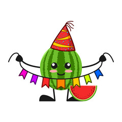 vector illustration of cute watermelon fruit birthday or character holding color ribbon. cute watermelon fruit Concept White Isolated. Flat Cartoon Style Suitable for Landing Page, Banner, Sticker.
