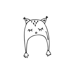Hand-drawn winter hat owl shape, single element. Graphic doodle, sketch, outline drawing isolated on white. Vector illustration