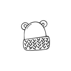 Hand-drawn winter knitted hat with ears, single element. Graphic doodle, sketch, outline drawing isolated on white. Vector illustration