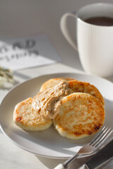 cheese pancakes with peanut butter and coffee healthy breakfast