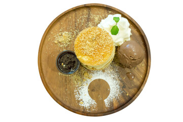 Die cut Souffle Pancake Set and ice cream on white isolated.