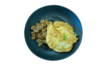 Fried pork with garlic and pepper and omelet over rice topping on white background.