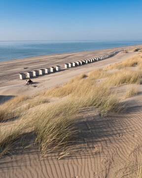 dunes and almost deserted beach on dutch coast near renesse in zeeland under blue sky