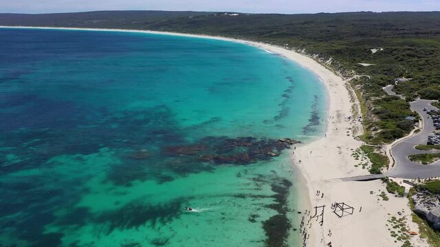 Aerial View, Hamelin Bay Western Australia. White Sand Beach and People on Sunny Summer Day, Drone Shot