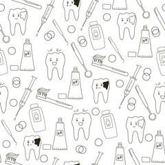 Seamless pattern with dental tools and teeth