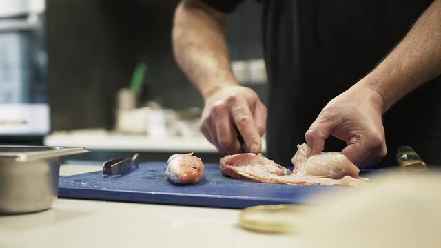Deboning and fileting of raw Scorpaena fish in the professional kitchen