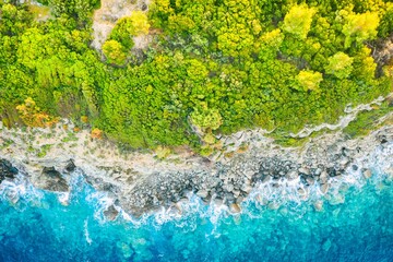 Fototapeta na wymiar Beautiful Beach With Golden Sand And Clear Water. Turquoise coast with blue water and golden sand in Europe. Summer vacation background with turquoise sea water bay and pine trees aerial drone photo