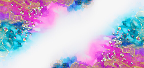 art photography of abstract fluid art painting with alcohol ink blue, purple, pink, gold colors and crystal rhinestones