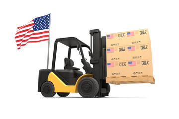 Forklift truck is lifting a pallet with a Cardboard box Made in USA