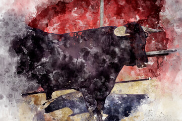 Watercolor of bullfight in spain, fight of a bull with man, traditional festivals,spectacle of bullfighting
