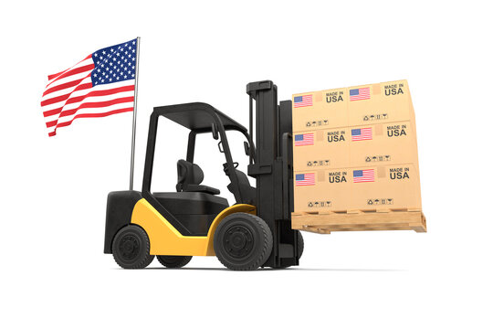 Forklift Truck Is Lifting A Pallet With A Cardboard Box Made In USA