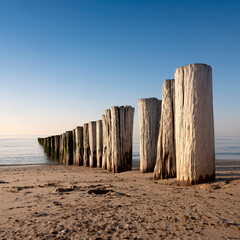 row of poles on beach of zeeland in the netherlands under blue sky in spring