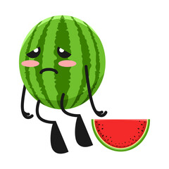 vector illustration of cute watermelon fruit expression or character tired sad. cute watermelon fruit Concept White Isolated. Flat Cartoon Style Suitable for Landing Page, Banner, Flyer, Sticker.