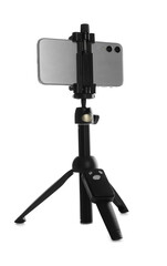 Smartphone fixed to tripod on white background