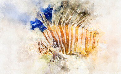 watercolor, Pterois antennata, lionfish in the interior of the sea next to a coral reef, dangerous fish