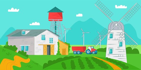 Building at rural nature, countryside farm landscape vector illustration. Cartoon village with green summer field land, agriculture meadow.