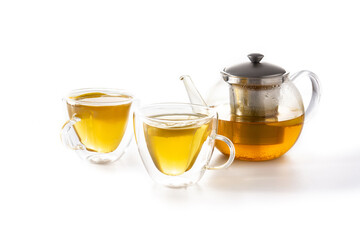 Ginger tea with lemon and honey in crystal glass isolated on white background