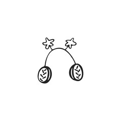 Hand-drawn winter headphones with stars, single element. Graphic doodle, sketch, outline drawing isolated on white. Vector illustration