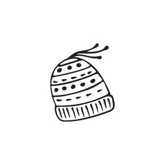 Hand-drawn winter hat, single element. Graphic doodle, sketch, outline drawing isolated on white. Vector illustration